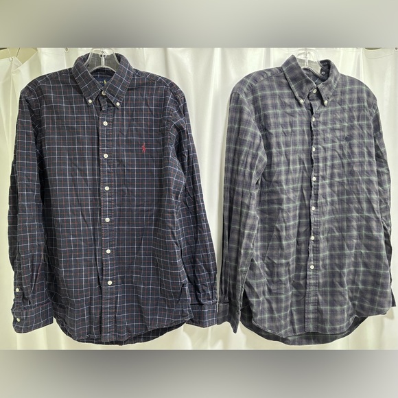 Ralph Lauren 100% Cotton Plaid Button-Down Shirts - Navy & Gray 2 pieces size M - Picture 1 of 14